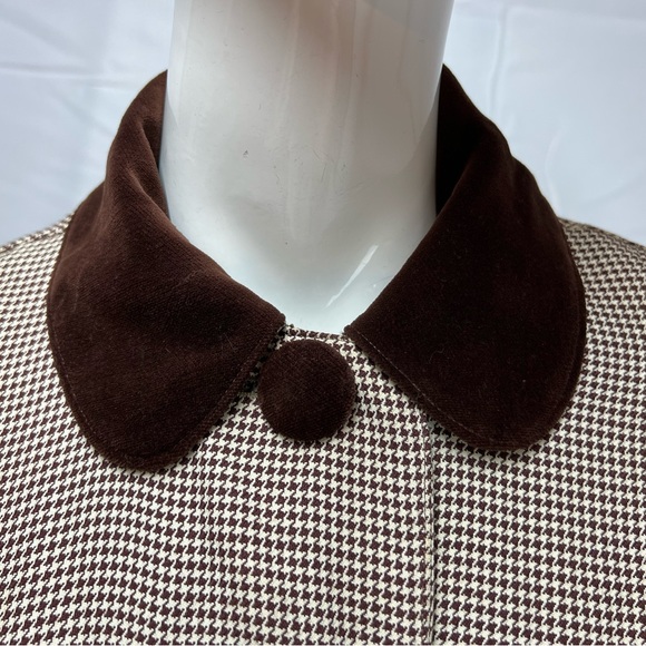Women's Vintage Sherbrooke Brown Houndsbooth Wool Tweed Velvet Overcoat Jacket L - Picture 5 of 9